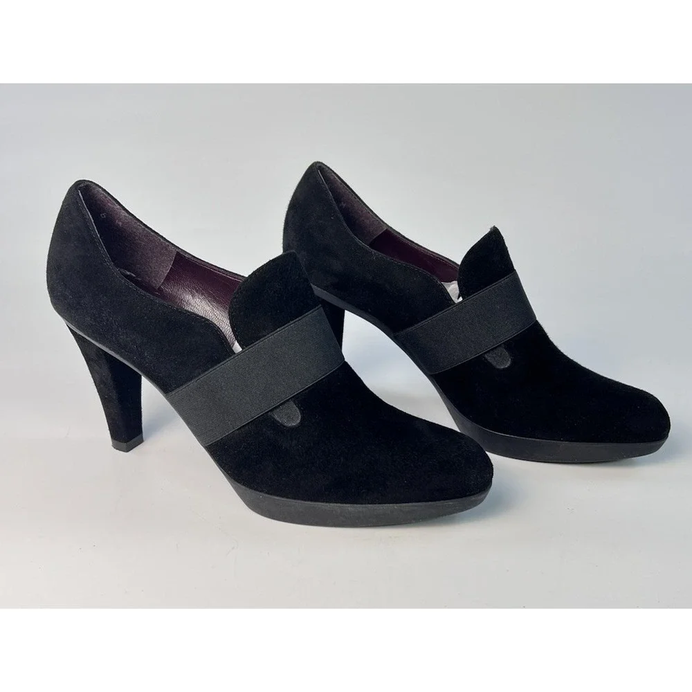 Stuart Weitzman Black Suede Elastic Band Platform Pumps Shooties Heels 6 M Spain